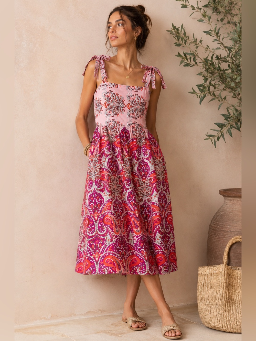 Single Thread Dress Medium Pink Paisley Tie Strap Smocked Boho Cotton Midi Dress